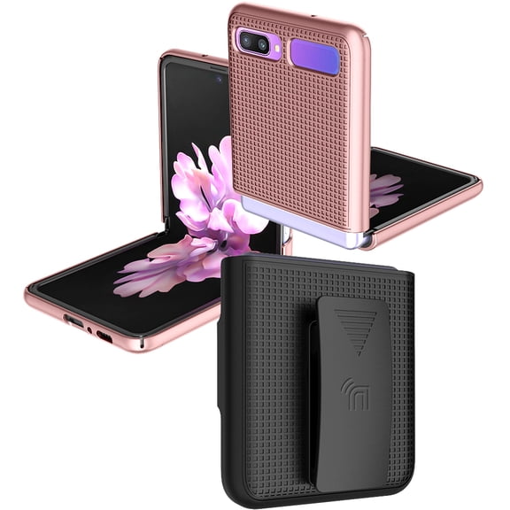 Nakedcellphone [Grid Texture] Snap-On Hard Case Cover with [Rotating/Ratchet] Belt Clip Holster Holder for Samsung Galaxy Z Flip 5G Phone (SM-F700, SM-F707) 2020
