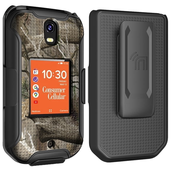 Nakedcellphone Holster Series for Consumer Cellular IRIS Flip Phone Case, Slim Hard Shell Cover and Belt Clip Holder Combination - Bush Camo