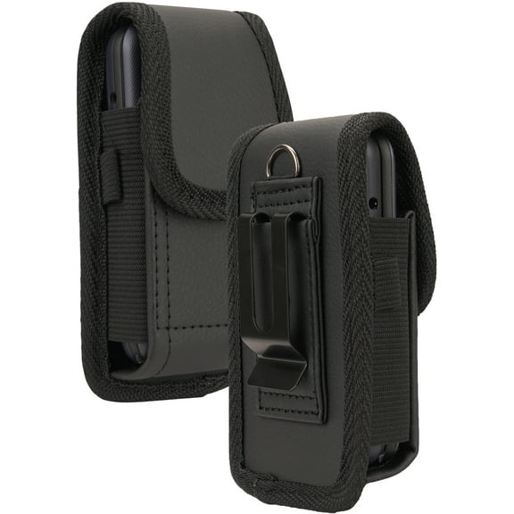 Nakedcellphone Pouch for Alcatel Go Flip 4 TCL Flip Pro Phone (4056) Case, Black Vegan Leather Vertical Holster Holder Strong Metal Clip and Secure Belt Thread Loop Harness - Quiet Magnetic Closure