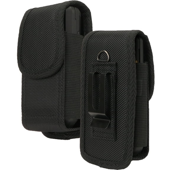 Nakedcellphone Pouch for Consumer Cellular Iris Flip Phone, Rugged Canvas Vertical Holster Holder Metal Clip and Secure Belt Thread Loop Harness - Quiet Magnetic Closure - Black