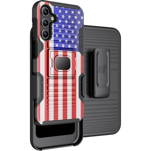 Nakedcellphone Rugged Combo for Samsung Galaxy A25 5G / Galaxy A15 5G Phone Case, Hybrid Ring Grip Cover with Stand [Built-In Mounting Plate] and Belt Clip Holster Holder - USA Flag Design