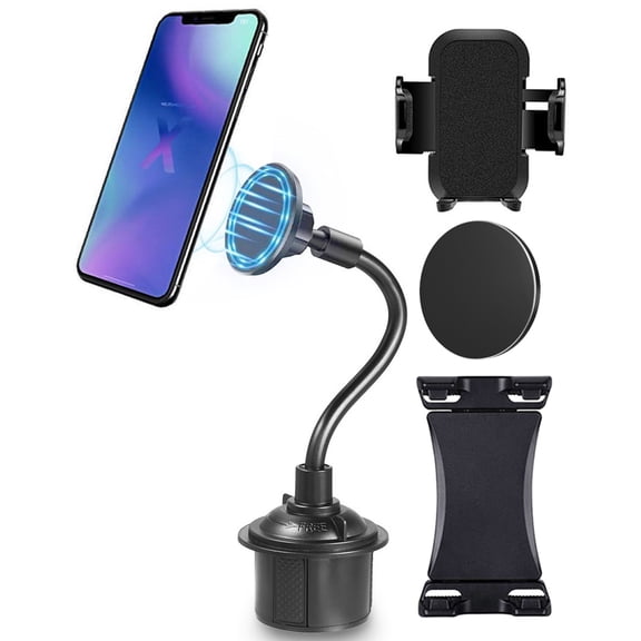 Nakedcellphone [Triple Threat] Cup Holder Mount for iPhone Smartphone iPad Mini with 3 Attachments [Magnetic, Padded Cell Phone Holder, XL Wide Tablet Clamp Grip ] - Universal Up to 9.5"