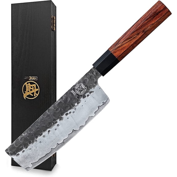 Nakiri Chef Knife 7 inch - Hand Forged Japanese Kitchen Knives, 3-Layer 9CR18MOV High Carbon Steel, Rosewood Handle & Sandalwood Box