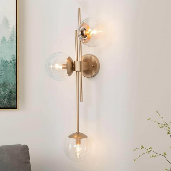 LNC Nako 12-in W 3-Light Matte Gold and Clear Glass Globe Modern LED Wall Sconce,30"Hx10"D