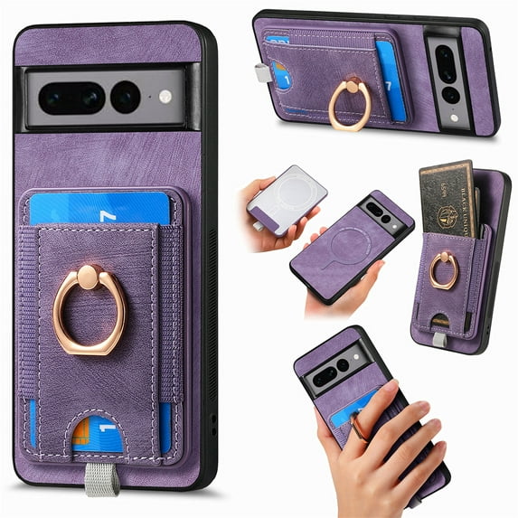Nalacover 2-in-1 Magnetic Case for Google Pixel 7 Pro, Back Wallet Case with Detachable Card Holder Ring Holder Stand Phone Cover for Google Pixel 7 Pro, Vintage PU Leather Shockproof Case - Purple