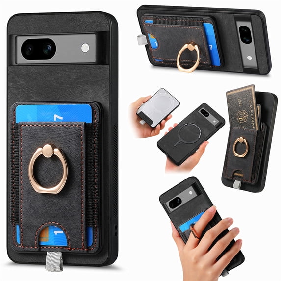 Nalacover 2-in-1 Magnetic Case for Google Pixel 7A, Back Wallet Case with Detachable Card Holder Ring Holder Stand Phone Cover for Google Pixel 7A, Vintage PU Leather Shockproof Case - Black