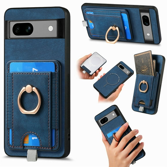 Nalacover 2-in-1 Magnetic Case for Google Pixel 7A, Back Wallet Case with Detachable Card Holder Ring Holder Stand Phone Cover for Google Pixel 7A, Vintage PU Leather Shockproof Case - Blue