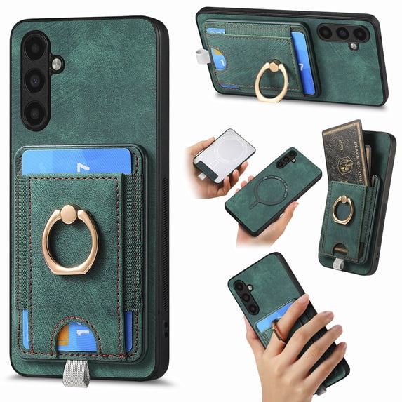 Nalacover 2-in-1 Magnetic Case for Samsung Galaxy A14 5G, Back Wallet Case with Detachable Card Holder Ring Stand Cover for Samsung Galaxy A14 5G, Vintage PU Leather Shockproof Case - Green