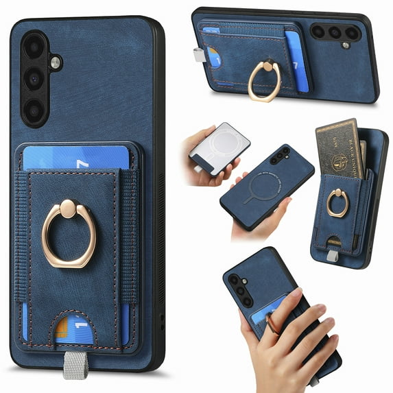 Nalacover 2-in-1 Magnetic Case for Samsung Galaxy A24 4G, Back Wallet Case with Detachable Card Holder Ring Stand Cover for Samsung Galaxy A24 4G, Vintage PU Leather Shockproof Case - Blue