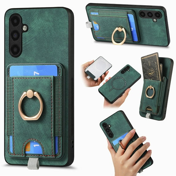 Nalacover 2-in-1 Magnetic Case for Samsung Galaxy A54 5G, Back Wallet Case with Detachable Card Holder Ring Stand Cover for Samsung Galaxy A54 5G, Vintage PU Leather Shockproof Case - Green