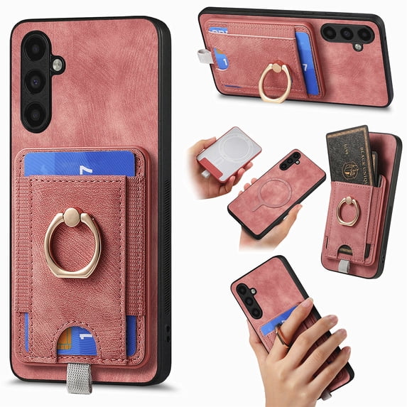 Nalacover 2-in-1 Magnetic Case for Samsung Galaxy A54 5G, Back Wallet Case with Detachable Card Holder Ring Stand Cover for Samsung Galaxy A54 5G, Vintage PU Leather Shockproof Case - Pink