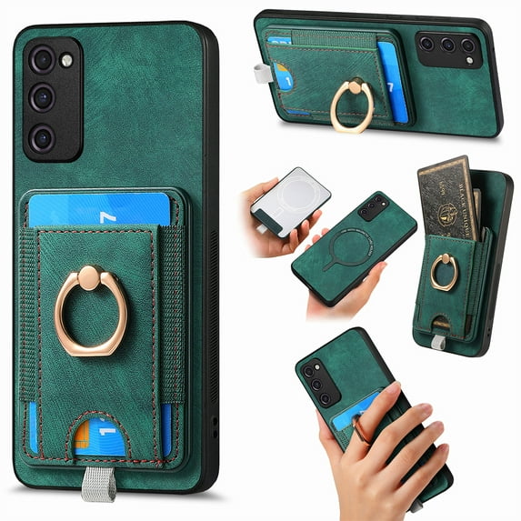 Nalacover 2-in-1 Magnetic Case for Samsung Galaxy S20 FE, Back Wallet Case with Detachable Card Holder Ring Stand Cover for Samsung Galaxy S20 FE, Vintage PU Leather Shockproof Case - Green