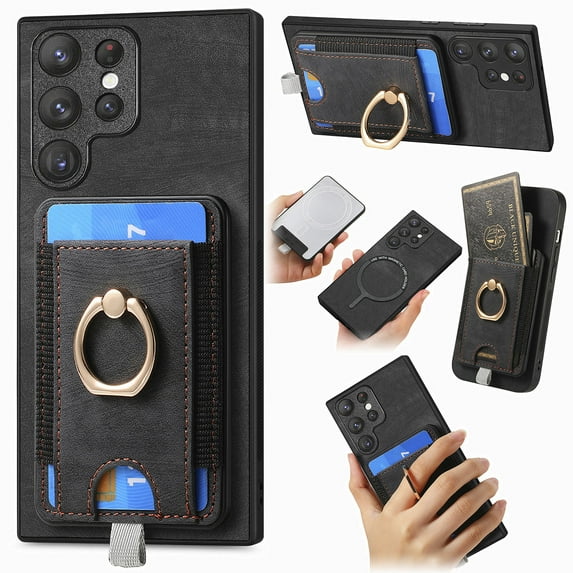 Nalacover 2-in-1 Magnetic Case for Samsung Galaxy S21 Ultra, Back Wallet Case with Detachable Card Holder Ring Stand Cover for Samsung Galaxy S21 Ultra, Vintage PU Leather Shockproof Case - Black