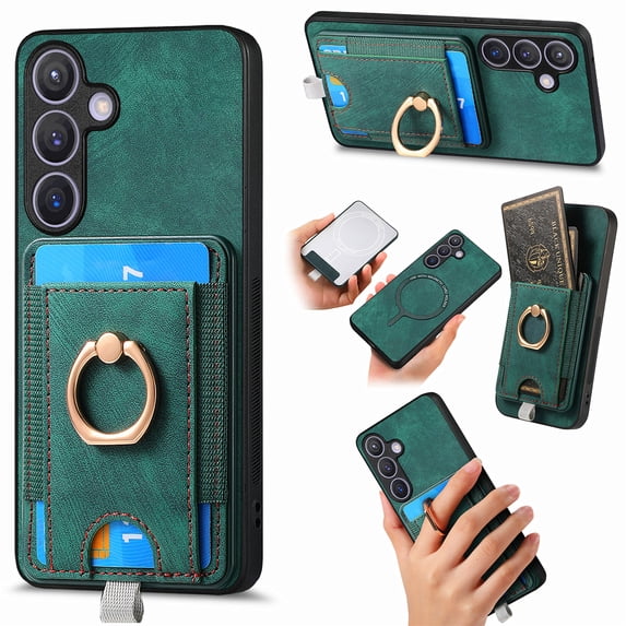 Nalacover 2-in-1 Magnetic Case for Samsung Galaxy S22, Back Wallet Case with Detachable Card Holder Ring Stand Cover for Samsung Galaxy S22, Vintage PU Leather Shockproof Case - Green