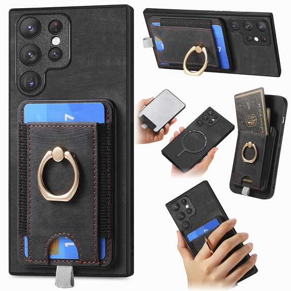 Nalacover 2-in-1 Magnetic Case for Samsung Galaxy S22 Ultra, Back Wallet Case with Detachable Card Holder Ring Stand Cover for Samsung Galaxy S22 Ultra, Vintage PU Leather Shockproof Case - Black