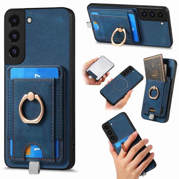 Nalacover 2-in-1 Magnetic Case for Samsung Galaxy S23 Plus, Back Wallet Case with Detachable Card Holder Ring Stand Cover for Samsung Galaxy S23 Plus, Vintage PU Leather Shockproof Case - Blue