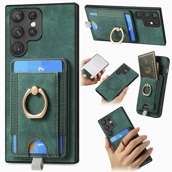 Nalacover 2-in-1 Magnetic Case for Samsung Galaxy S23 Ultra, Back Wallet Case with Detachable Card Holder Ring Stand Cover for Samsung Galaxy S23 Ultra, Vintage PU Leather Shockproof Case - Green