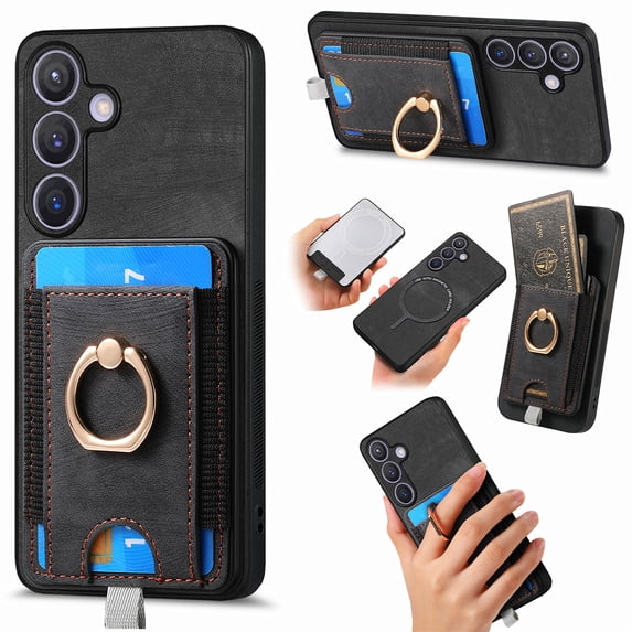 Nalacover 2-in-1 Magnetic Case for Samsung Galaxy S24 Plus, Back Wallet Case with Detachable Card Holder Ring Stand Cover for Samsung Galaxy S24 Plus, Vintage PU Leather Shockproof Case - Black