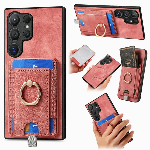 Nalacover 2-in-1 Magnetic Case for Samsung Galaxy S24 Ultra, Back Wallet Case with Detachable Card Holder Ring Stand Cover for Samsung Galaxy S24 Ultra, Vintage PU Leather Shockproof Case - Pink