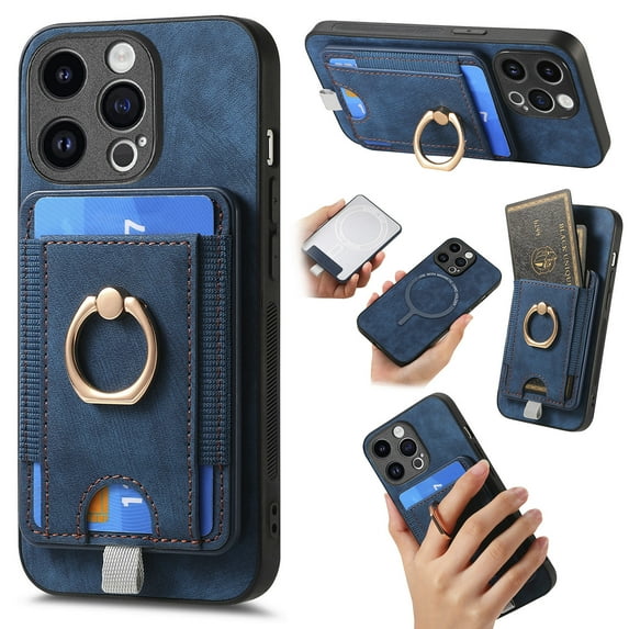 Nalacover 2-in-1 Magnetic Case for iPhone 12 Pro, Back Wallet Case with Detachable Card Holder Ring Stand Cover for iPhone 12 Pro, Vintage PU Leather Shockproof Case - Blue