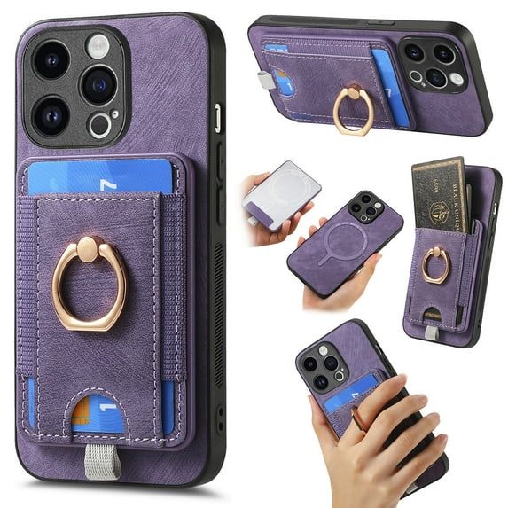 Nalacover 2-in-1 Magnetic Case for iPhone 12 Pro Max, Back Wallet Case with Detachable Card Holder Ring Stand Cover for iPhone 12 Pro Max, Vintage PU Leather Shockproof Case - Purple