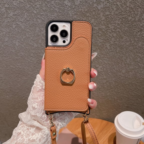 Nalacover Back Flip Case for iPhone 14 6.1 inch,Wallet Case with Detachable Shoulder Strap,Shockproof Luxury PU Leather Credit Card Slots Finger Ring Kickstand Crossbody Phone Case,Brown