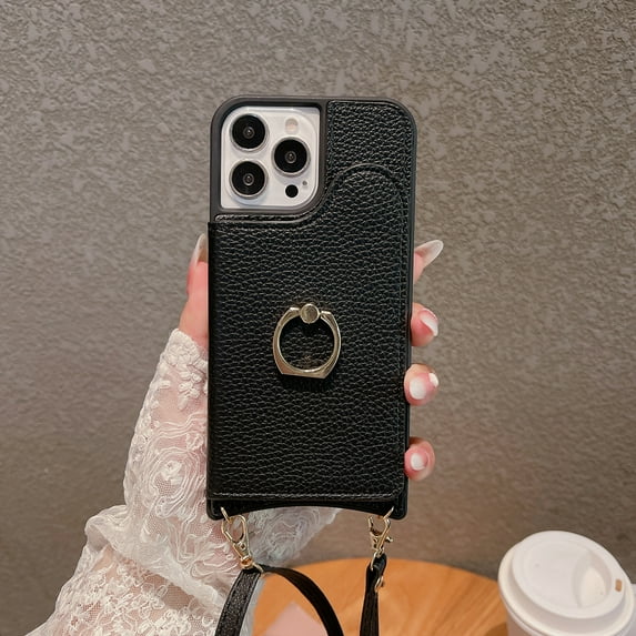 Nalacover Back Flip Case for iPhone 14 Pro 6.1 inch,Wallet Case with Detachable Shoulder Strap,Shockproof Luxury PU Leather Credit Card Slots Finger Ring Kickstand Crossbody Phone Case,Black