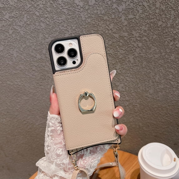 Nalacover Back Flip Case for iPhone 14 Pro Max 6.7 inch,Wallet Case with Detachable Shoulder Strap,Shockproof Luxury PU Leather Credit Card Slots Finger Ring Kickstand Crossbody Phone Case,Khaki