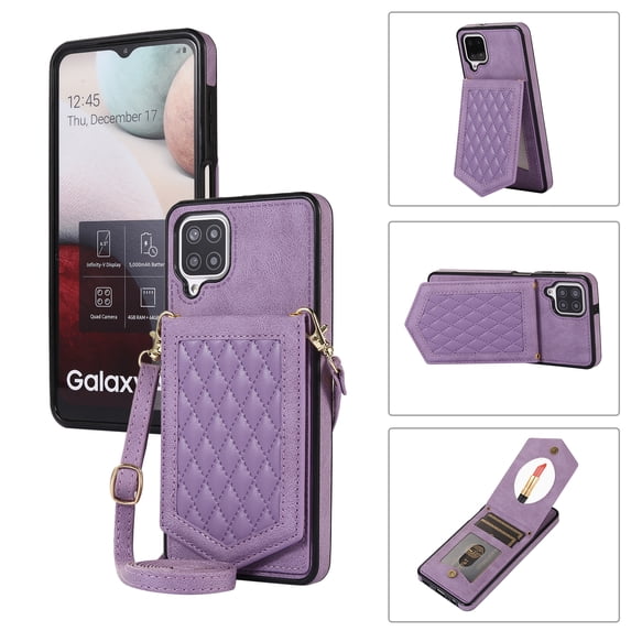 Nalacover Back Mirror Flip Case for Samsung A12 5G, Wallet Case Crossbody PU Leather with Card Holder Kickstand Phone Case Detachable Shoulder Strap Handbag for Samsung Galaxy A12 5G, Purple