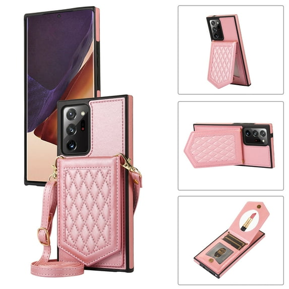Nalacover Back Mirror Flip Case for Samsung Galaxy Note 20 Ultra,Wallet Case Crossbody PU Leather with Card Holder Kickstand Phone Case Detachable Shoulder Strap Handbag, Rosegold