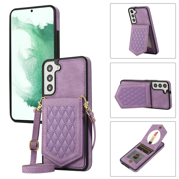 Nalacover Back Mirror Flip Case for Samsung S20 FE, Wallet Case Crossbody PU Leather with Card Holder Kickstand Phone Case Detachable Shoulder Strap Handbag for Samsung Galaxy S20 FE, Purple