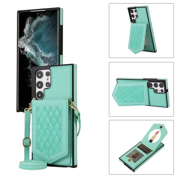 Nalacover Back Mirror Flip Case for Samsung S22 Ultra, Wallet Case Crossbody PU Leather with Card Holder Kickstand Phone Case Detachable Shoulder Strap Handbag for Samsung Galaxy S22 Ultra, Green