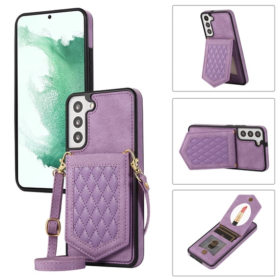Nalacover Back Mirror Flip Case for Samsung S23 Plus,Wallet Case Crossbody PU Leather with Card Holder Kickstand Phone Case Detachable Shoulder Strap Handbag for Samsung Galaxy S23 Plus,Purple