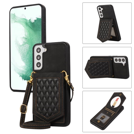 Nalacover Back Mirror Flip Case for Samsung S23 Plus,Wallet Case Crossbody PU Leather with Card Holder Kickstand Phone Case Detachable Shoulder Strap Handbag for Samsung Galaxy S23 Plus,Black
