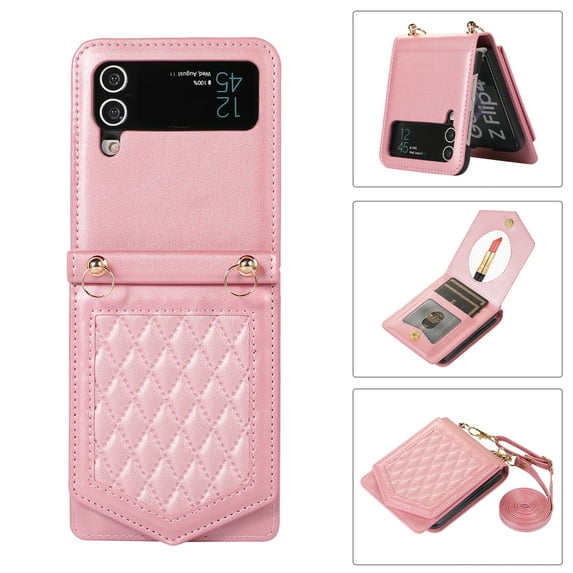 Nalacover Back Mirror Flip Case for Samsung Z Flip5, Wallet Case Crossbody PU Leather with Card Holder Kickstand Phone Case Detachable Shoulder Strap Handbag for Samsung Galaxy Z Flip5, Rosegold