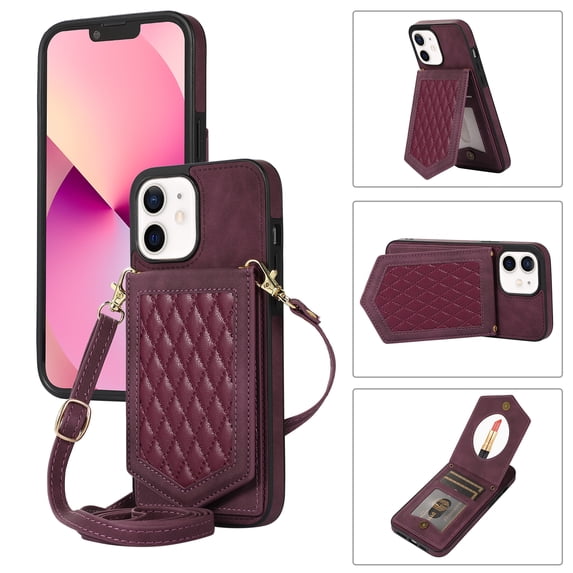 Nalacover Back Mirror Flip Case for iPhone 11, Wallet Case Crossbody PU Leather with Card Holder Kickstand Phone Case Detachable Shoulder Strap Handbag For iPhone 11, Red
