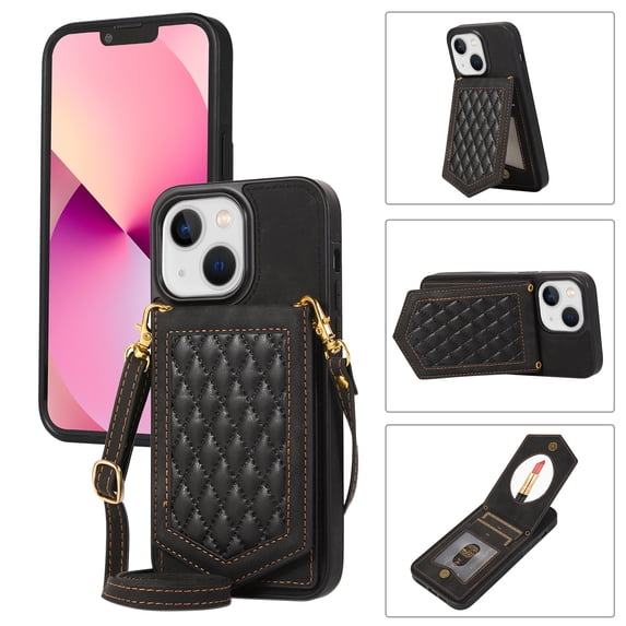 Nalacover Back Mirror Flip Case for iPhone 13 mini, Wallet Case Crossbody PU Leather with Card Holder Kickstand Phone Case Detachable Shoulder Strap Handbag For iPhone 13 mini, Black