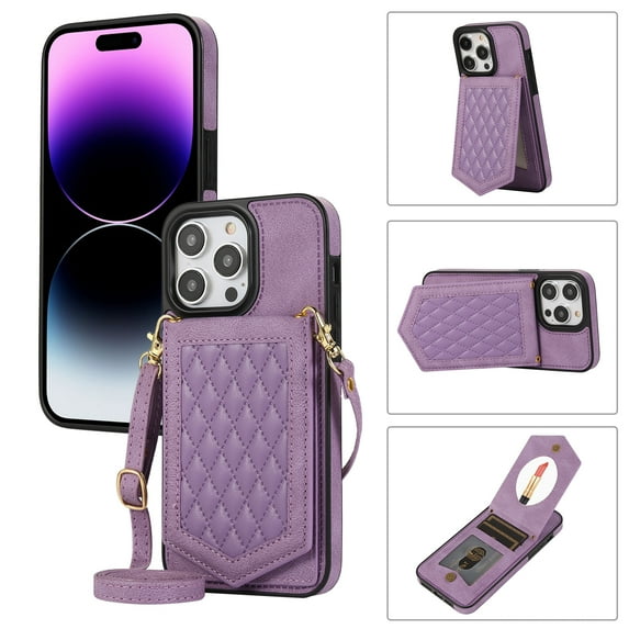 Nalacover Back Mirror Flip Case for iPhone 14 Pro, Wallet Case Crossbody PU Leather with Card Holder Kickstand Phone Case Detachable Shoulder Strap Handbag For iPhone 14 Pro, Purple