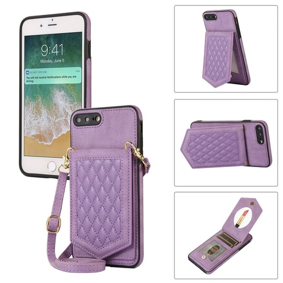Nalacover Back Mirror Flip Case for iPhone 7, iPhone 8, iPhone SE 2020, Wallet Case Crossbody PU Leather with Card Holder Kickstand Phone Case Detachable Shoulder Strap Handbag, Purple
