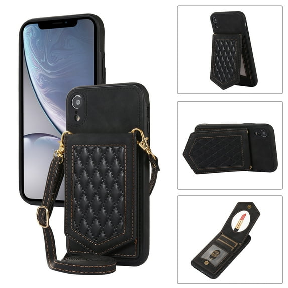 Nalacover Back Mirror Flip Case for iPhone XR, Wallet Case Crossbody PU Leather with Card Holder Kickstand Phone Case Detachable Shoulder Strap Handbag For iPhone XR, Black