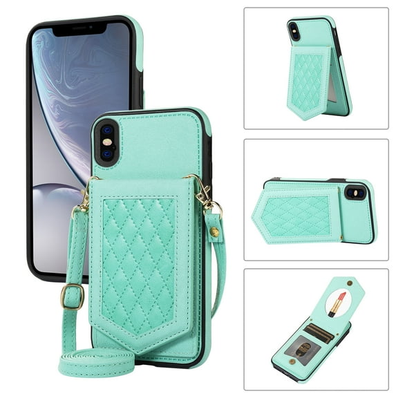Nalacover Back Mirror Flip Case for iPhone XS Max, Wallet Case Crossbody PU Leather with Card Holder Kickstand Phone Case Detachable Shoulder Strap Handbag For iPhone XS Max, Green