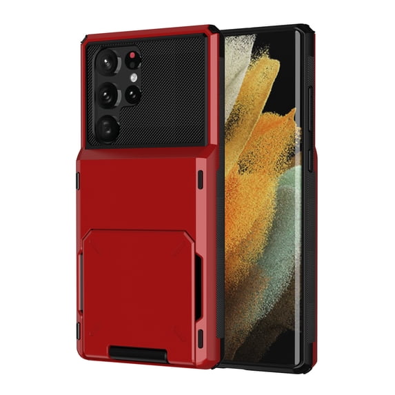 Nalacover Back Wallet Case for Samsung Galaxy S21 Ultra, Hidden Card Slot Dual Layers Rugged PC + Soft TPU Hybrid Military Grade Shockproof Cover Heavy Duty Lens Protection Non-Slip Case, Red