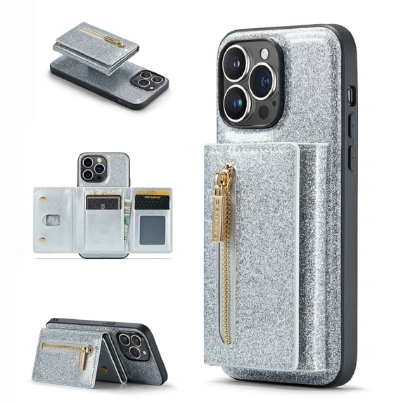 Nalacover Back Wallet Case for iPhone 12 Pro Max, 2 in 1 Function Design Zipper Pocket Luxury Shining PU Leather Cover with Card Slots Holder Magnetic Kickstand Shockproof Anti-Scratches Case,Silver