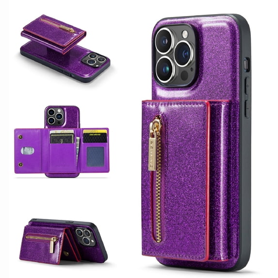 Nalacover Back Wallet Case for iPhone 12 Pro Max, 2 in 1 Function Design Zipper Pocket Luxury Shining PU Leather Cover with Card Slots Holder Magnetic Kickstand Shockproof Anti-Scratch Case,Darkpurple
