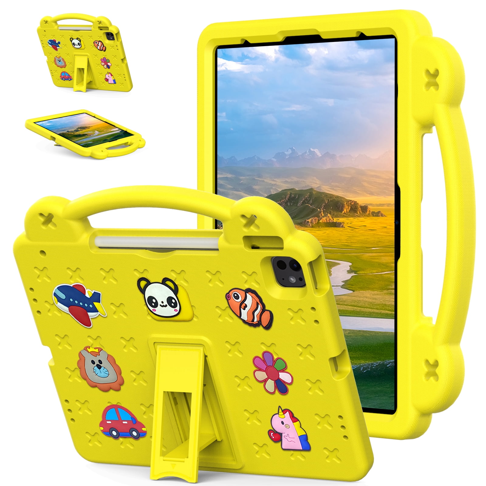 Nalacover Cartoon Handle Case for Apple iPad Air 13 inch (2024) Case, EVA Foam Cute Pattern with Pencil Holder Kickstand Cute Shockproof PC Case for Apple iPad Air 13 inch (2024), Yellow