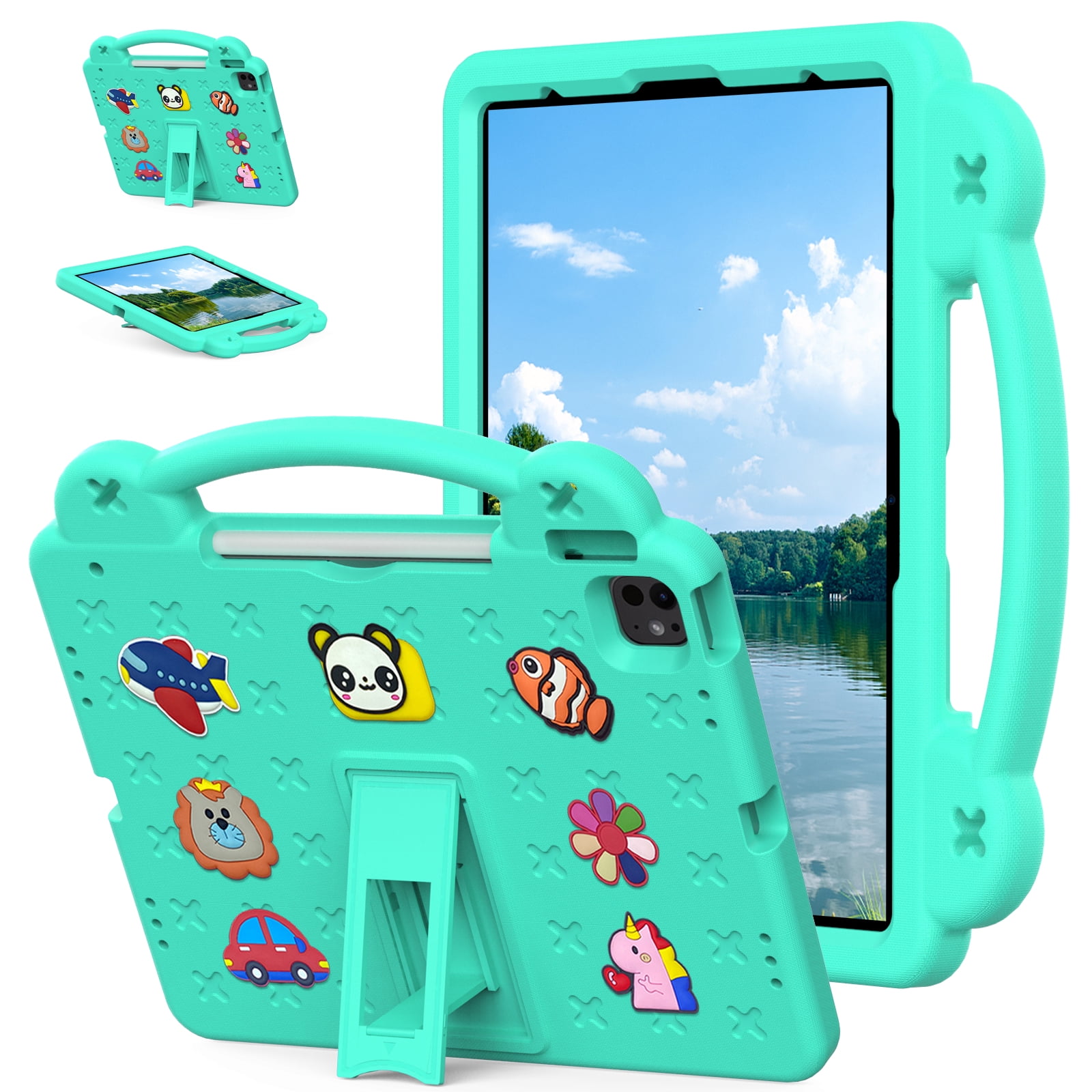 Nalacover Cartoon Handle Case for Apple iPad Air 13 inch (2024) Case, EVA Foam Cute Pattern with Pencil Holder Kickstand Cute Shockproof PC Case for Apple iPad Air 13 inch (2024), Mintgreen