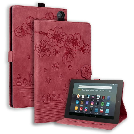 Nalacover Case for Amazon Fire HD8 / HD8 Plus(12th Generation 2022), Flower Embossed Pattern PU Leather Flip Cover with Card Slots Holder Auto Wake/Sleep Kickstand TPU Shockproof Case,Winered