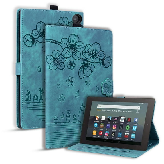 Nalacover Case for Amazon Fire HD8 / HD8 Plus(12th Generation 2022), Flower Embossed Pattern PU Leather Flip Cover with Card Slots Holder Auto Wake/Sleep Kickstand TPU Shockproof Case,Green