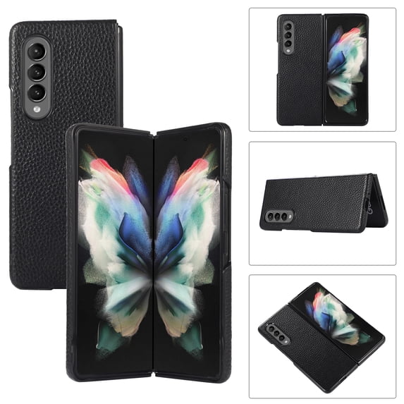 Nalacover Case Compatible with Galaxy Z Fold 3 Case, Leather Slim Luxury Protective Lichee Pattern Shockproof Folding Flip Back Phone Cover For Samsung Galaxy Z Fold 3, Black