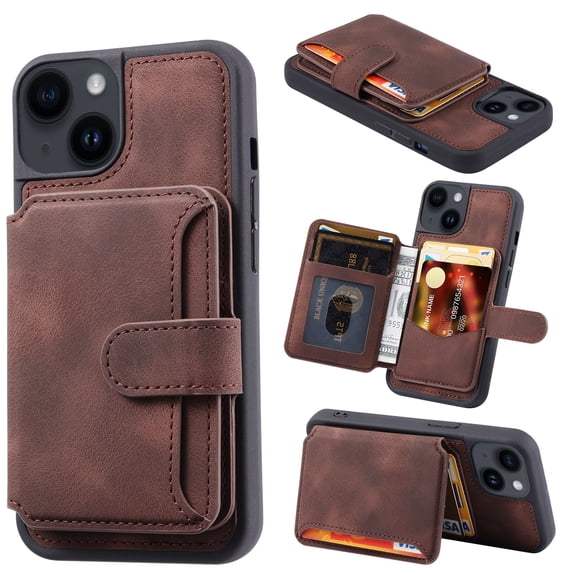 Nalacover Case Compatible with iPhone 15 Plus, Detachable Wallet Pocket with Credit Card Holder, Back Flip Premium Leather Magnetic Clasp Kickstand Cover For iPhone 15 Plus - 6.7", Coffee